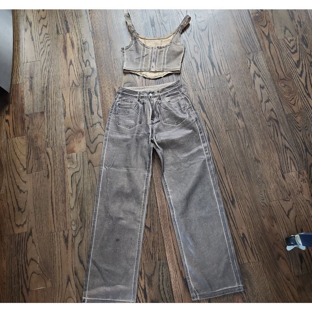 SHEIN Tan and Brown Matching Crop Top With Pants Size M  NWOT